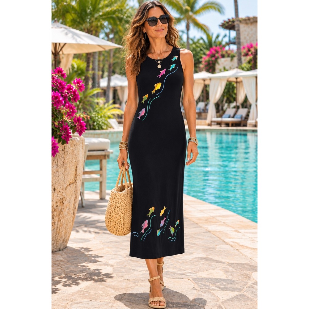 Michael Simon Fish Embroidered Sleeveless Maxi Dress Sz M Cotton Vintage Coastal